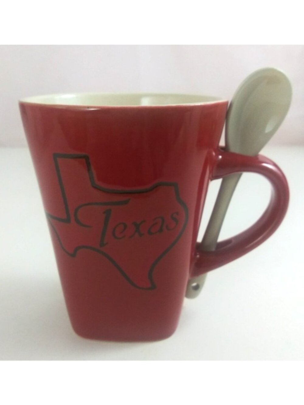 Red Stoneware Texas Cup With Spoon In Handle Souvenir Coffee Cup